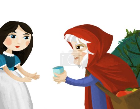 Téléchargez les photos : Scène de dessin animé avec princesse et sorcière parlant illustration pour les enfants - en image libre de droit