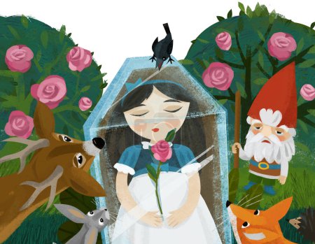 Téléchargez les photos : Scène de dessin animé avec fille princesse dormir et nains illustration pour enfants - en image libre de droit