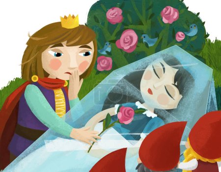 Téléchargez les photos : Scène de dessin animé avec fille princesse prince et nains illustration pour enfants - en image libre de droit