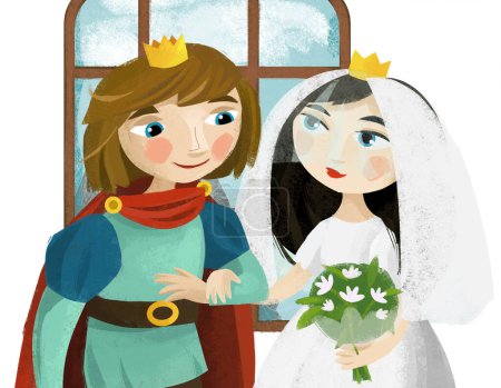 Téléchargez les photos : Scène de dessin animé avec mari et femme roi et reine dans l'illustration du château pour les enfants - en image libre de droit