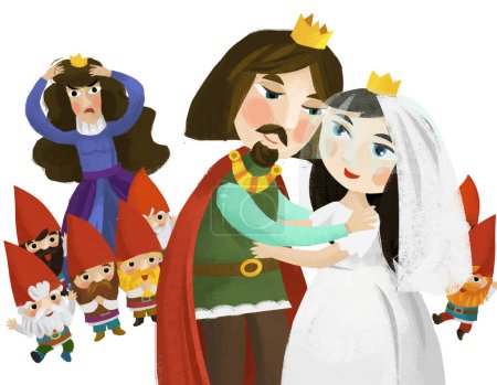Téléchargez les photos : Scène de dessin animé avec mari et femme roi et reine illustration pour enfants - en image libre de droit