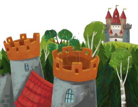 Téléchargez les photos : Dessin animé scène de nature avec beau château près de la forêt illustration pour les enfants - en image libre de droit