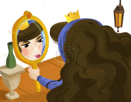 Téléchargez les photos : Scène de dessin animé avec la reine ou la princesse dans le château en regardant dans l'illustration miroir pour les enfants - en image libre de droit