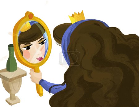 Foto de Escena de dibujos animados con reina o princesa mirando en el espejo ilustración para niños - Imagen libre de derechos