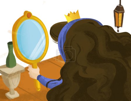 Foto de Escena de dibujos animados con reina o princesa mirando en el espejo ilustración para niños - Imagen libre de derechos