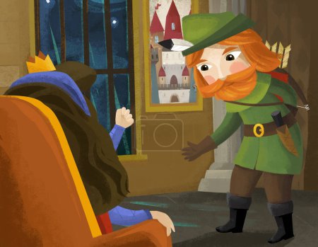 Téléchargez les photos : Scène de dessin animé avec la reine et chevalier chasseur illustration pour les enfants - en image libre de droit