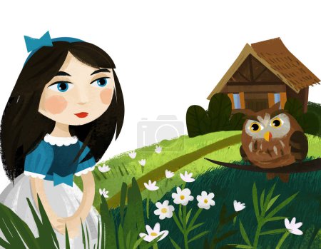 Téléchargez les photos : Scène de dessin animé avec princesse dans la forêt près de hibou et maison en bois seule illustration pour enfants - en image libre de droit