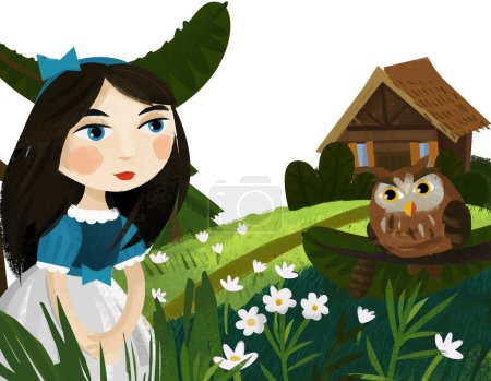 Photo for Cartoon scene with princess in the forest near owl and wooden house alone illustration for children - Royalty Free Image