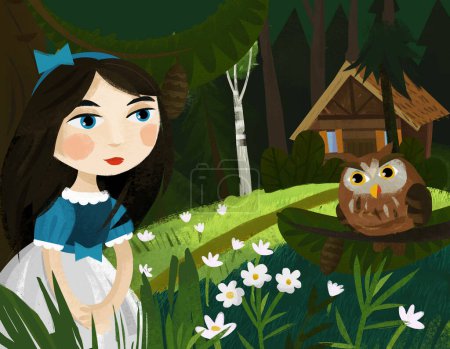Téléchargez les photos : Scène de dessin animé avec princesse dans la forêt près de hibou et maison en bois seule illustration pour enfants - en image libre de droit