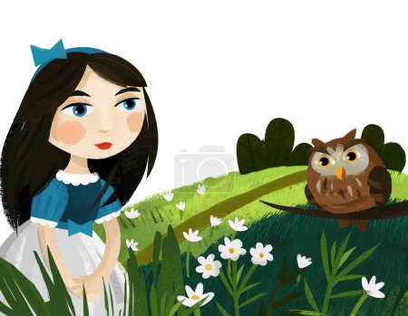Foto de Escena de dibujos animados con princesa en el bosque cerca de búho y casa de madera sola ilustración para niños - Imagen libre de derechos