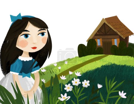 Photo for Cartoon scene with princess in the forest near wooden house alone illustration for children - Royalty Free Image