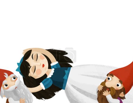Photo for Cartoon scene with princess sleeping near standing dwarfs illustration for children - Royalty Free Image