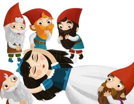 Foto de Escena de dibujos animados con princesa durmiendo cerca de enanos de pie ilustración para niños - Imagen libre de derechos