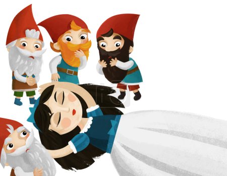 Téléchargez les photos : Scène de dessin animé avec princesse dormir près nains debout illustration pour enfants - en image libre de droit