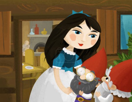 Téléchargez les photos : Scène de dessin animé avec princesse et nains parlant illustration pour les enfants - en image libre de droit