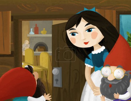 Foto de Escena de dibujos animados con princesa y enanos hablando ilustración para niños - Imagen libre de derechos