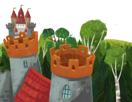 Photo pour Dessin animé scène de nature avec beau château près de la forêt illustration pour les enfants - image libre de droit
