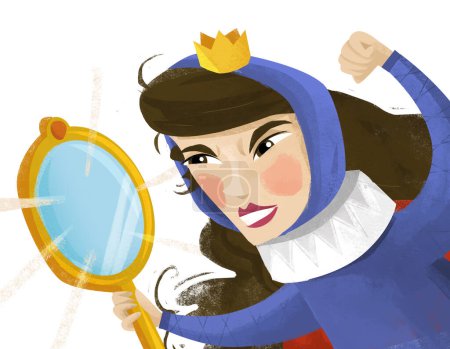 Téléchargez les photos : Scène de dessin animé avec la reine ou la princesse regardant dans le miroir illustration pour les enfants - en image libre de droit