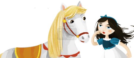 Téléchargez les photos : Scène de dessin animé avec princesse reine avec son ami cheval illustration pour enfants - en image libre de droit
