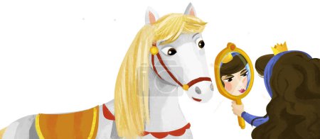 Téléchargez les photos : Scène de dessin animé avec princesse reine avec son ami cheval illustration pour enfants - en image libre de droit