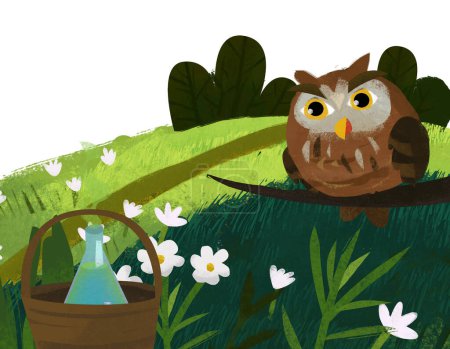 Téléchargez les photos : Cartoon scene with owl house in the forest and magic potion illustration for children - en image libre de droit
