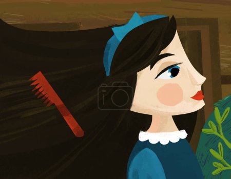 Téléchargez les photos : Scène de dessin animé avec la princesse que quelqu'un peigner les cheveux près de la maison en bois illustration pour les enfants - en image libre de droit