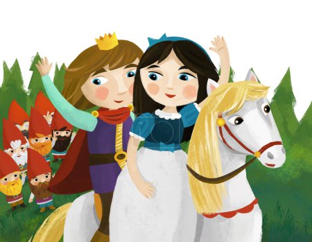 Photo for Cartoon scene with prince and princess on the horse in the forest illustration for children - Royalty Free Image