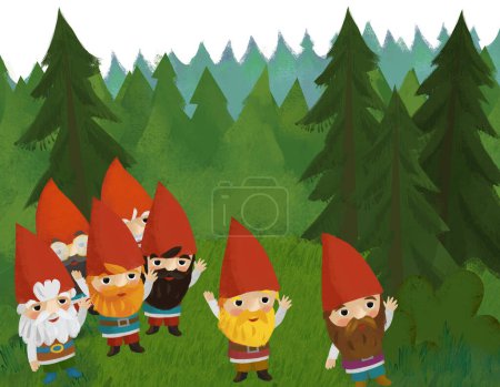 Foto de Cartoon scene with dwarfs in the forest illustration for children - Imagen libre de derechos