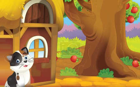 Téléchargez les photos : Cartoon scene with cat on the farm illustration for children - en image libre de droit