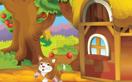 cartoon scene with cat on the farm illustration for children-stock-photo