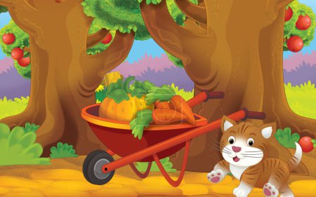 Téléchargez les photos : Cartoon scene with cat on the farm illustration for children - en image libre de droit