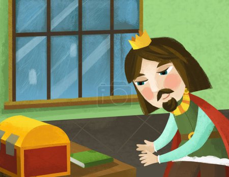 Téléchargez les photos : Scène de dessin animé avec roi ou prince dans le château illustration pour enfants - en image libre de droit