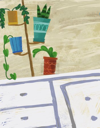 Foto de Cartoons scene with orangery full of flowers in cozy house illustration for children - Imagen libre de derechos