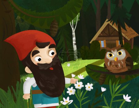 Téléchargez les photos : Cartoon scene with dwarf in the forest near wooden house illustration for children - en image libre de droit