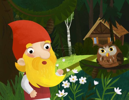 Téléchargez les photos : Cartoon scene with dwarf in the forest near wooden house illustration for children - en image libre de droit