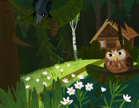 Téléchargez les photos : Cartoon scene with owl bird in the forest near wooden house illustration for children - en image libre de droit