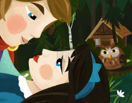 Foto de Cartoon scene with prince and princess in the forest near wooden house illustration for children - Imagen libre de derechos