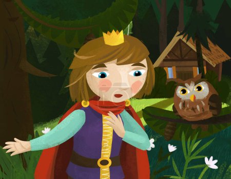 Foto de Cartoon scene with prince in the forest near wooden house illustration for children - Imagen libre de derechos