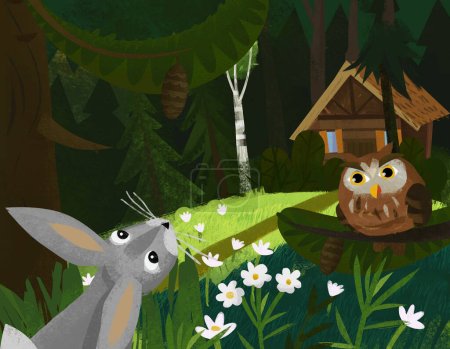 Foto de Cartoon scene with owl bird rabbit in the forest near wooden house illustration for children - Imagen libre de derechos