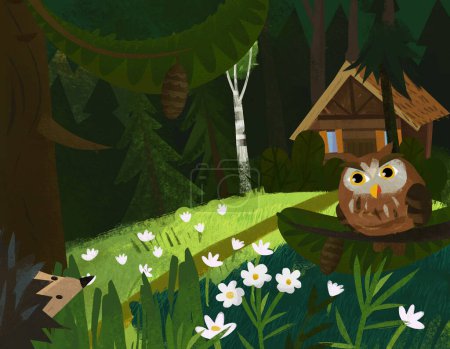 Téléchargez les photos : Cartoon scene with owl bird hedgehog in the forest near wooden house illustration for children - en image libre de droit