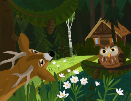 Téléchargez les photos : Cartoon scene with owl bird roe deer in the forest near wooden house illustration for children - en image libre de droit