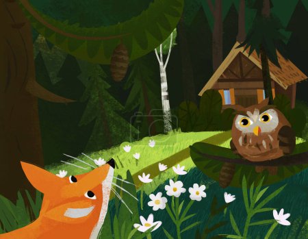Photo for Cartoon scene with animals in the forest near wooden house illustration for children - Royalty Free Image