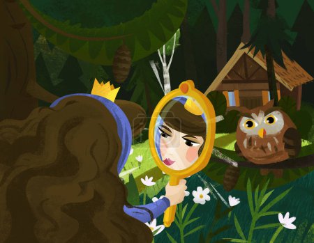 Téléchargez les photos : Scène de dessin animé avec princesse près de la maison de la forêt seule illustration pour les enfants - en image libre de droit