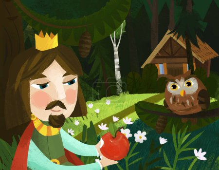 Téléchargez les photos : Cartoon scene with prince in the forest near wooden house illustration for children - en image libre de droit