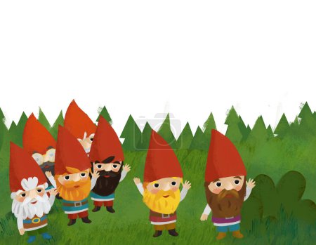 Foto de Cartoon scene with dwarfs in the forest meadow illustration for children - Imagen libre de derechos