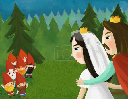 Téléchargez les photos : Cartoon scene with prince and princess newlyweds near some dwarfs illustration for children - en image libre de droit
