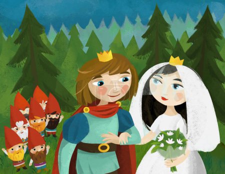 Téléchargez les photos : Cartoon scene with prince and princess newlyweds near some dwarfs illustration for children - en image libre de droit