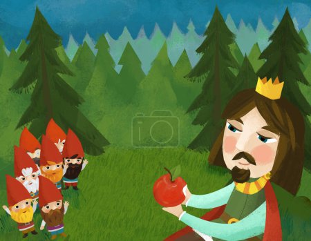 Photo for Cartoon scene with prince in the forest near some dwarfs illustration for children - Royalty Free Image