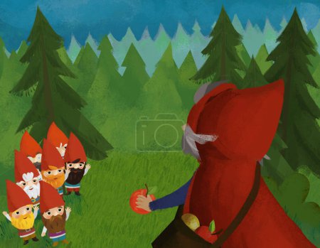 Photo for Cartoon scene with older woman sorceress witch and dwarfs in the forest illustration for children - Royalty Free Image
