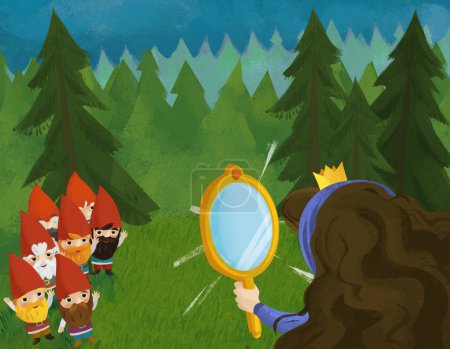 Téléchargez les photos : Cartoon scene with princess in the forest near some dwarfs illustration for children - en image libre de droit